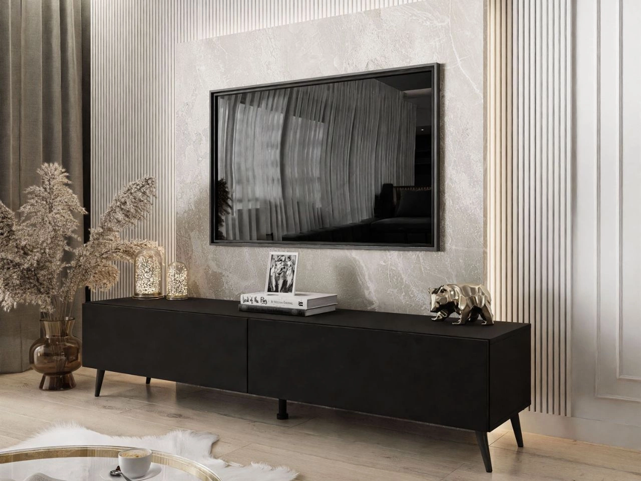 TV-Lowboard mit zwei Türen auf schwarzen Beinen 175 cm mit LED-Beleuchtung Sorelle Schwarz Matt