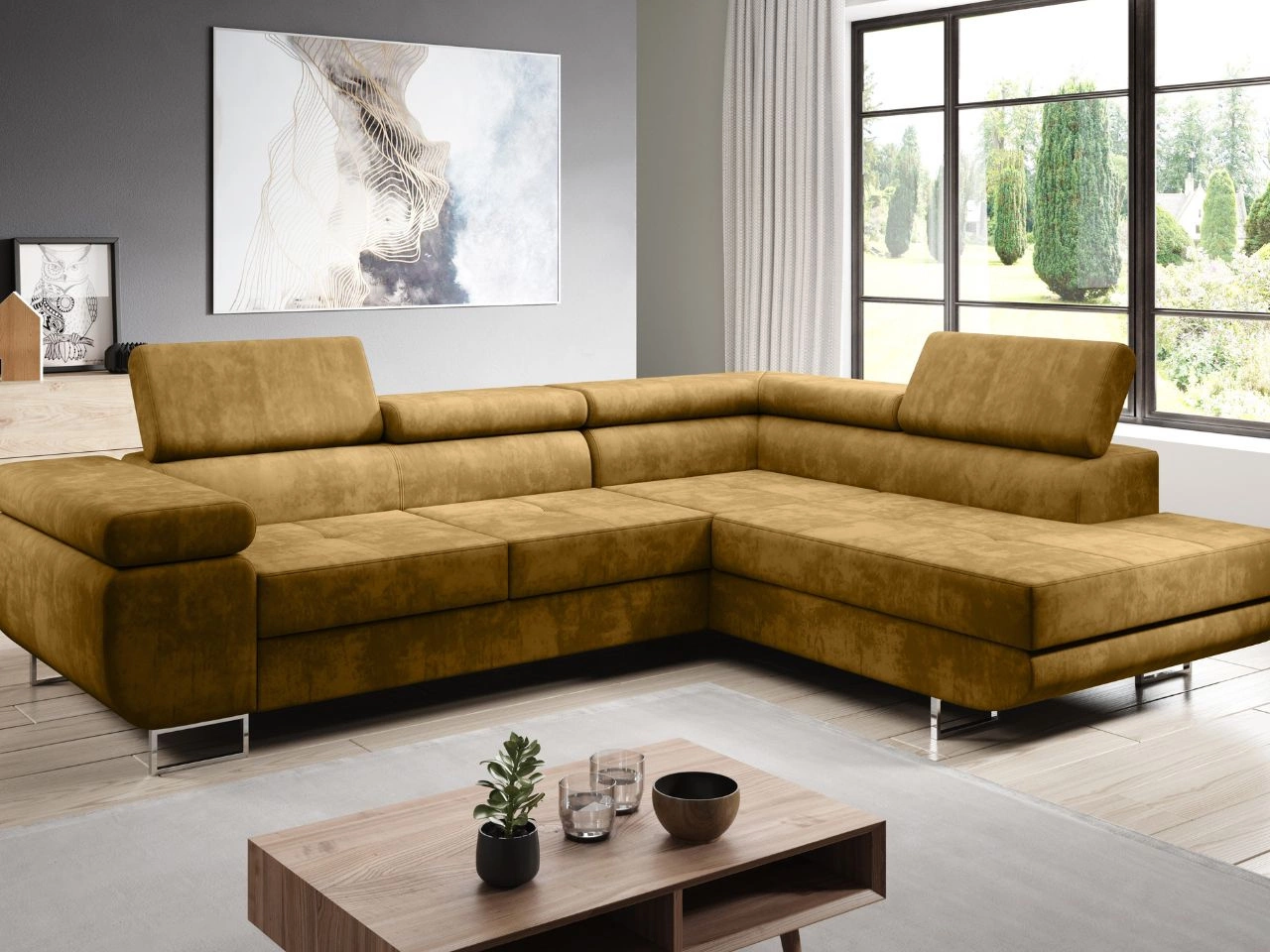 Ecksofa L-Form Rechts mit Schlaffunktion und Bettkasten Solam L Gelb