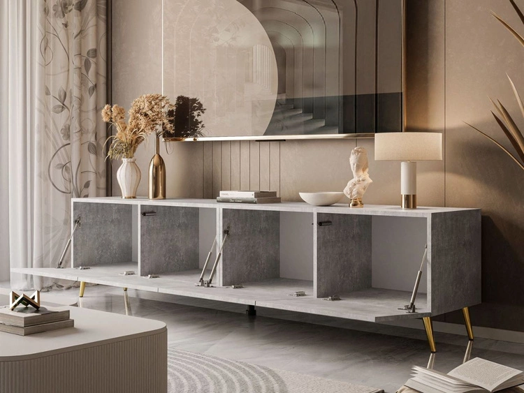 TV-Lowboard mit Türen auf Goldenen Metallbeinen 200 cm Nodoo Beton