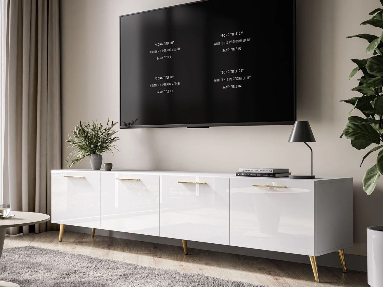 TV-Lowboard mit Türen auf Goldenen Metallbeinen 200 cm Noaé Weiß Hochglanz