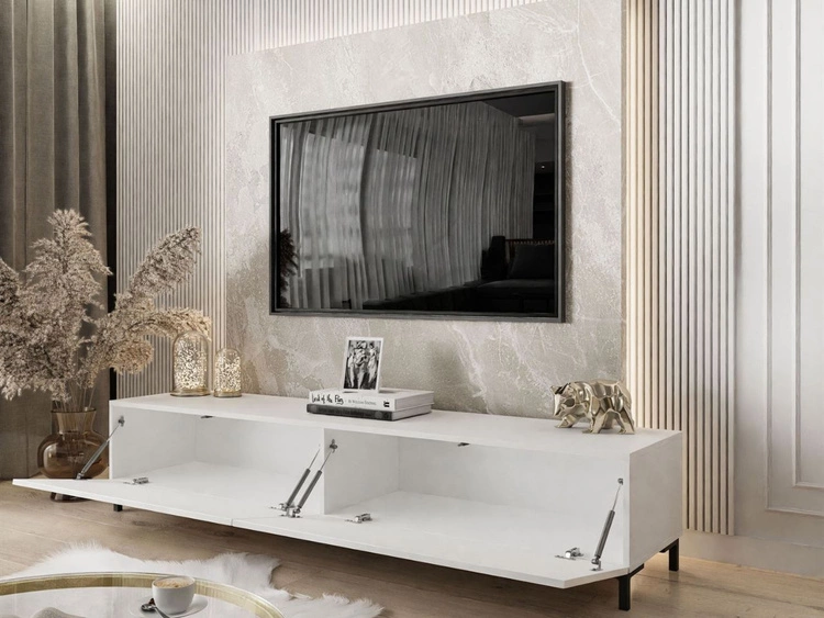 TV-Lowboard mit zwei Türen auf schwarzen Beinen 175 cm mit LED-Beleuchtung Sorelle Weiß Hochglanz