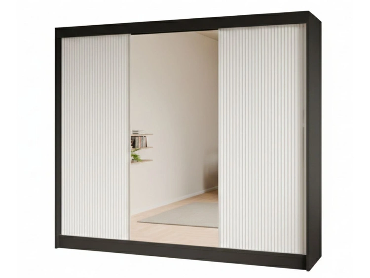 Schiebetürenschrank mit geriffelter Front und Spiegel 250 cm Fano Schwarz, Weiß