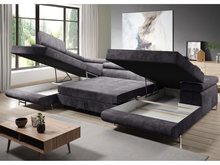 Wohnlandschaft Links mit Schlaffunktion und Bettkasten Solam U Marineblau, Weiß