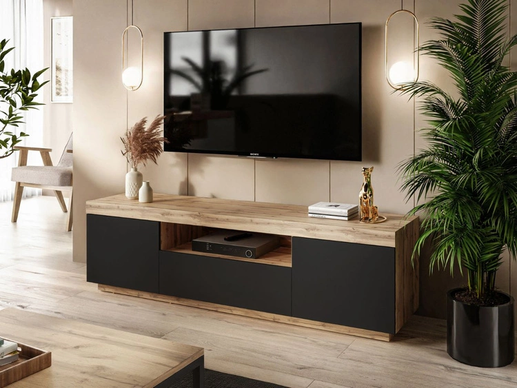 Wohnzimmer-Set – TV-Schrank und Kommode Asumi Schwarz und Eiche Wotan