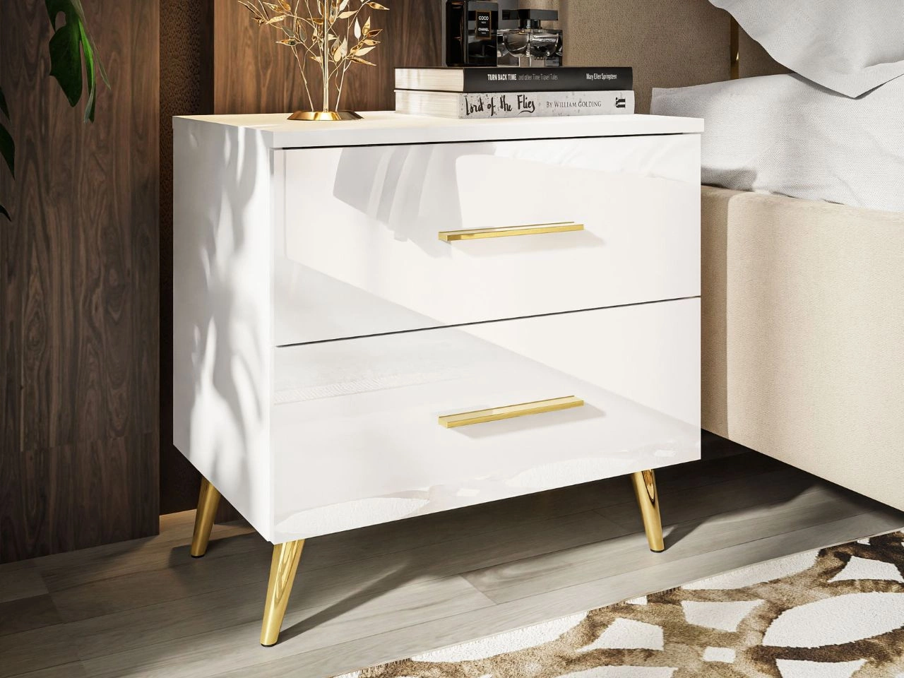 Nachttisch mit Schubladen auf Goldenen Metallbeinen Nuveo Weiß Hochglanz