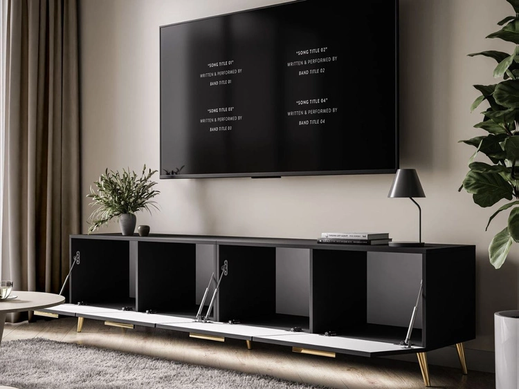TV-Lowboard mit Türen und LED-Beleuchtung auf Goldenen Metallbeinen 200 cm Noaé Schwarz Hochglanz