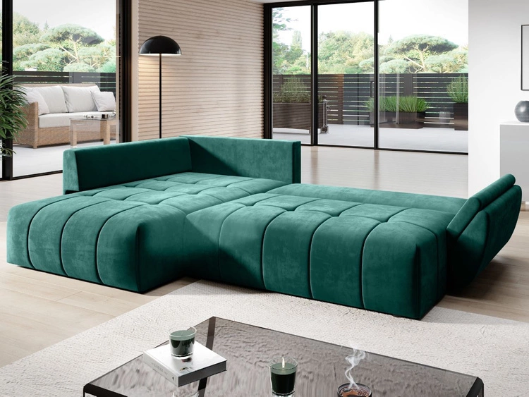 Ecksofa L-Form mit Schlaffunktion und Bettkasten Genoa Dunkelgrün