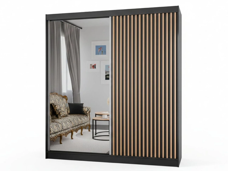 Schiebetürenschrank mit Spiegel und Lamellen 200 cm Loreto Schwarz