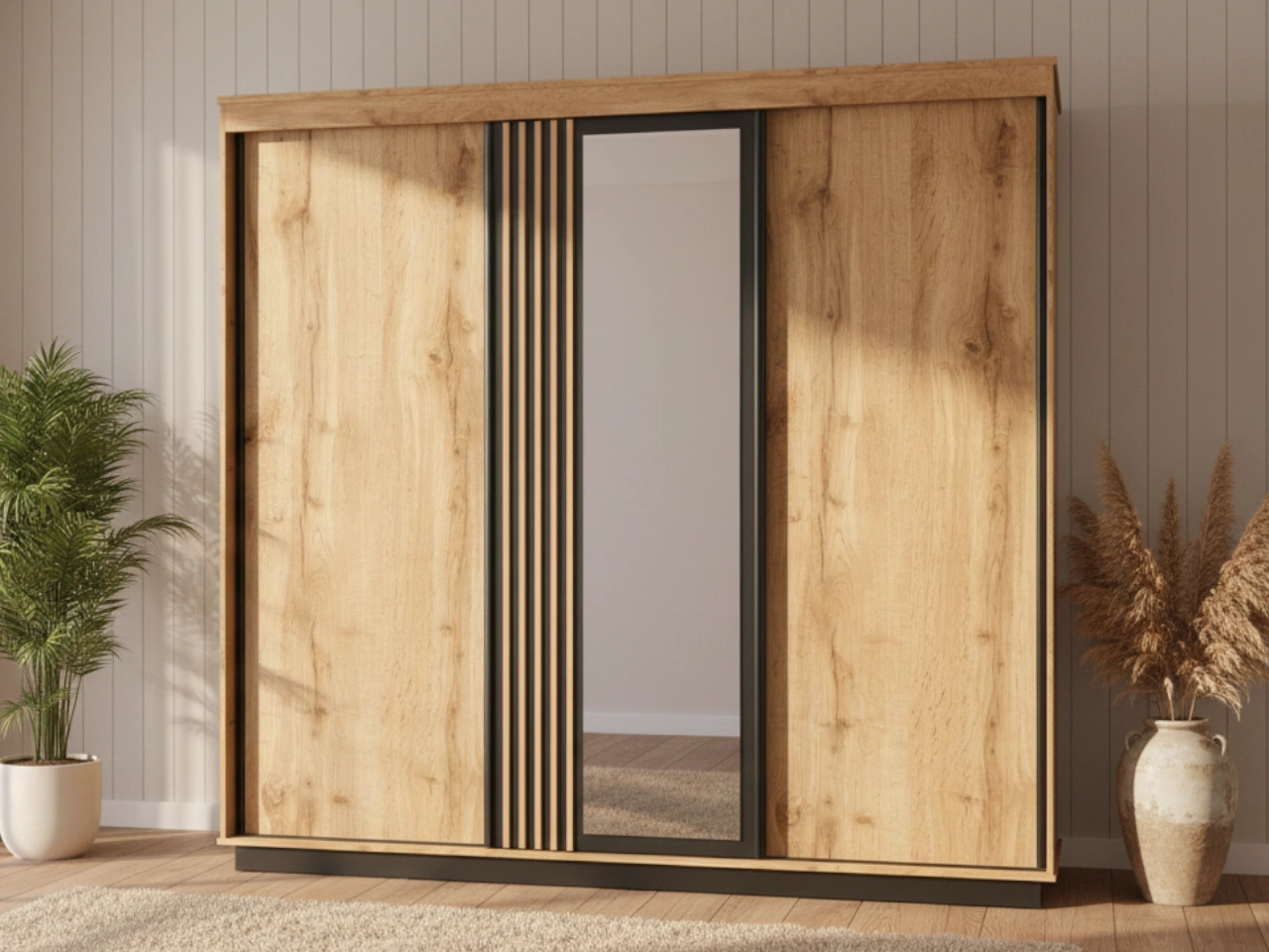 Schiebetürenschrank 240 cm mit Spiegel, mit Lamellen für das Schlafzimmer Lavore Wotan Eiche, Schwarz matt