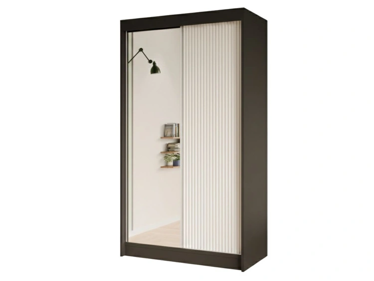 Schiebetürenschrank mit geriffelter Front und Spiegel 120 cm Fano Schwarz, Weiß
