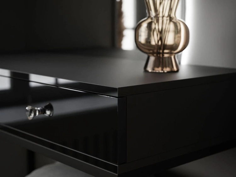 Kosmetiktisch rechtsseitig mit Schubladen und LED-Beleuchtung auf schwarzen Beinen Clarette Schwarz Hochglanz