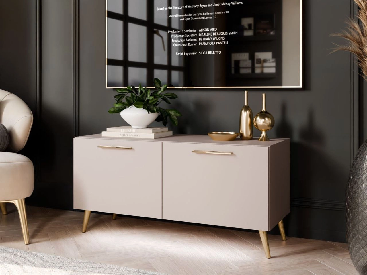 TV-Lowboard mit Türen und LED-Beleuchtung auf Goldenen Metallbeinen 100 cm Noaé Kaschmir