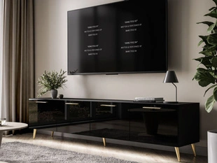 TV-Lowboard mit Türen und LED-Beleuchtung auf Goldenen Metallbeinen 200 cm Noaé Schwarz Hochglanz