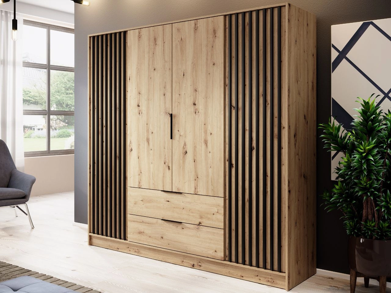 Kleiderschrank 206 cm Macron Artisan Eiche, Schwarz