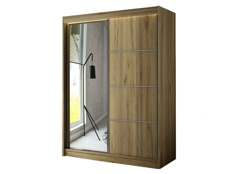 Schiebetürenschrank mit Spiegel 150 cm mit LED-Beleuchtung Portel Handwerk Goldene Eiche