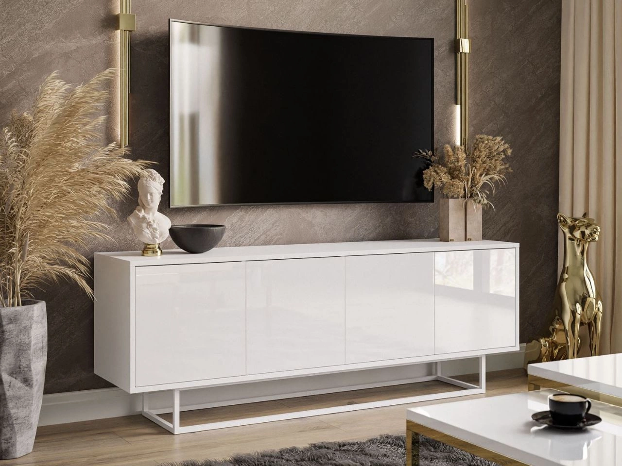 TV-Lowboard mit Türen auf weißem Gestell Vivance Hochglanz Weiß