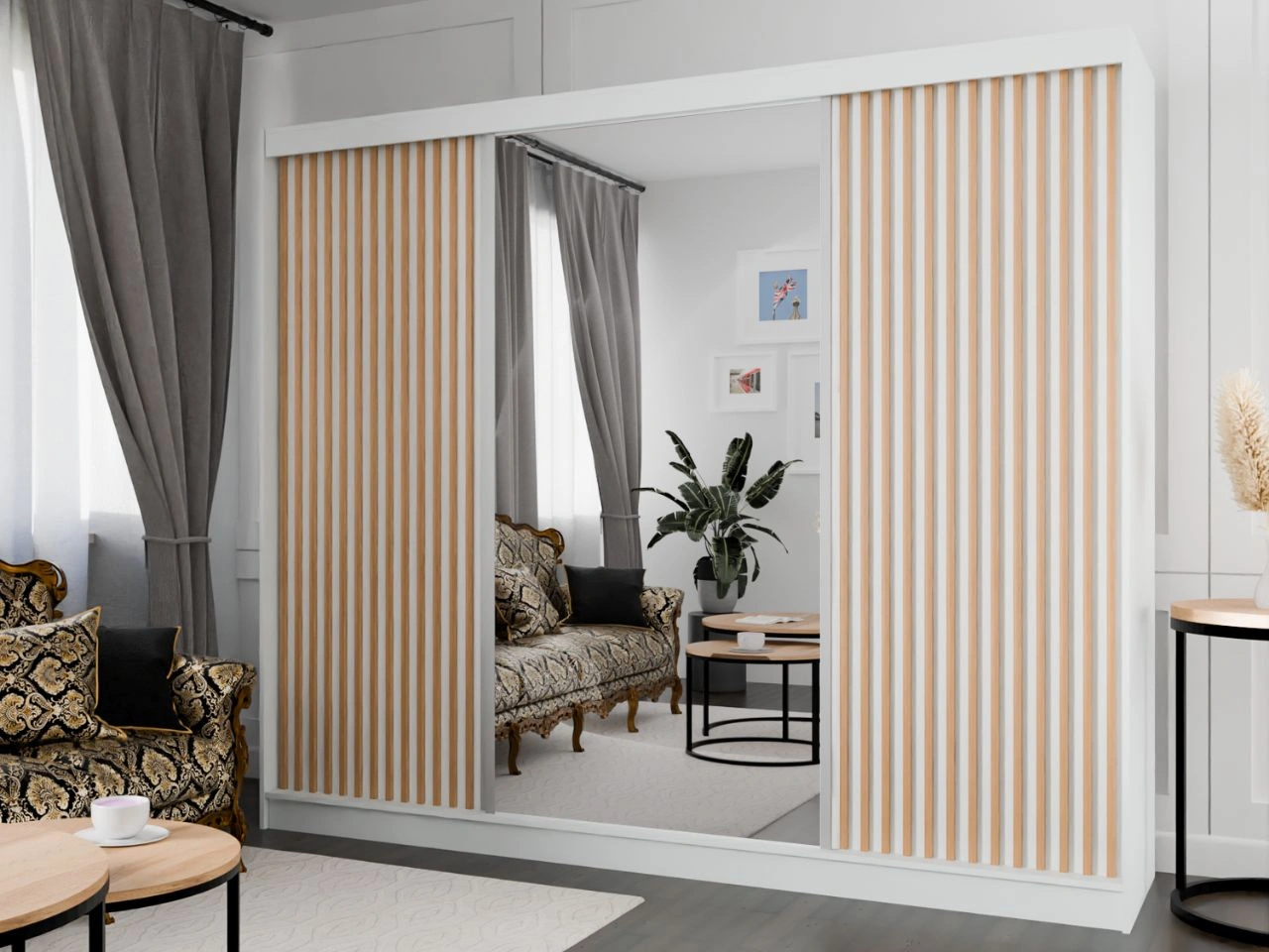 Schiebetürenschrank mit Spiegel und Lamellen 250 cm Loreto Weiß