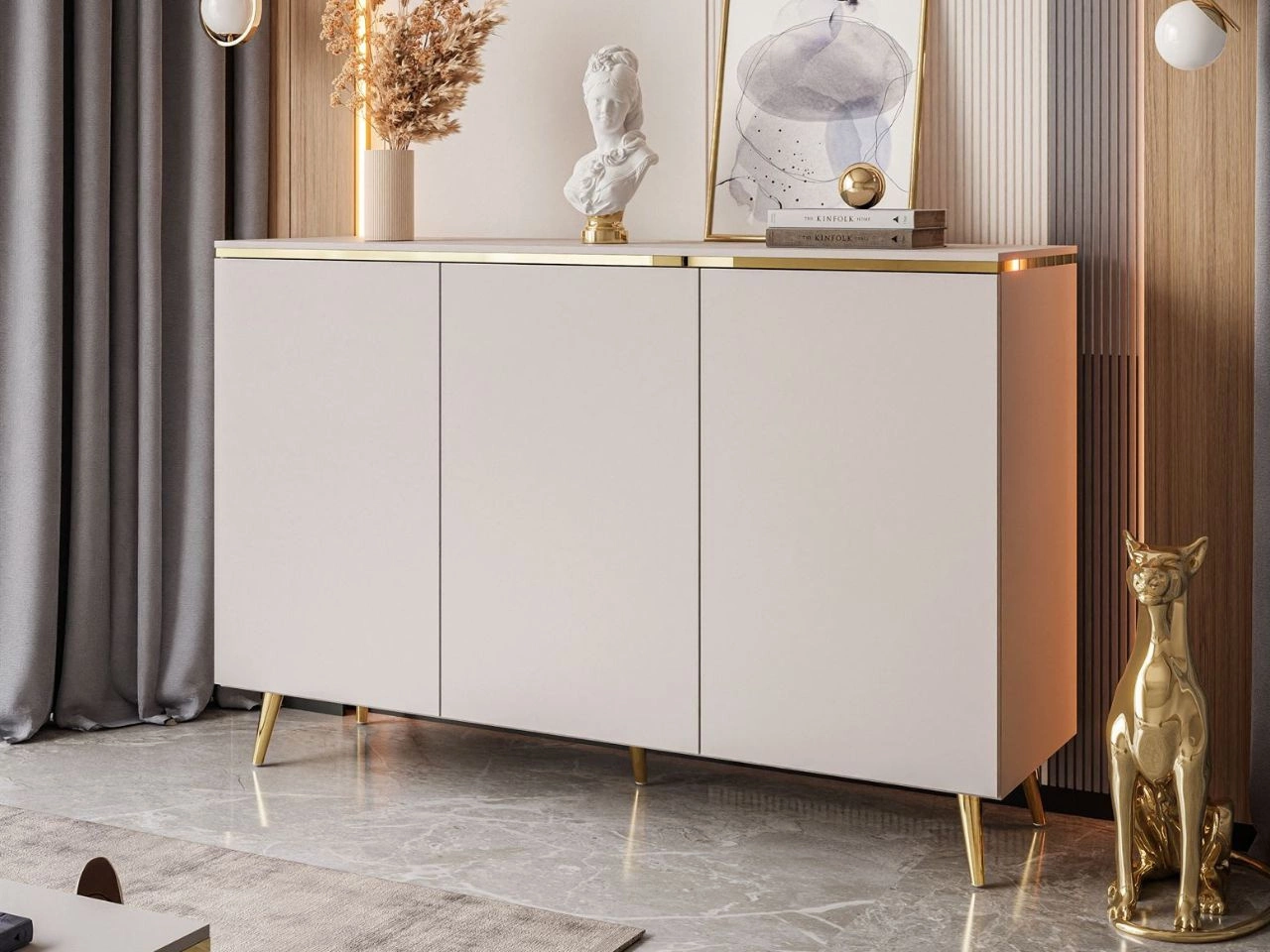 Dreitürige Glamour-Kommode auf goldenen Beinen Evare Kaschmir
