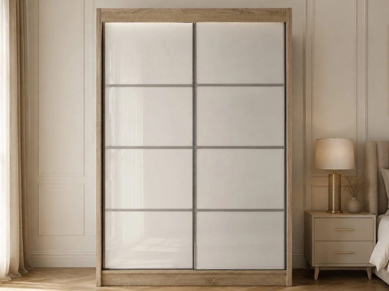Schiebetürenschrank mit Sprossen 150 cm mit LED-Beleuchtung Ponti Eiche Sonoma, Weiß