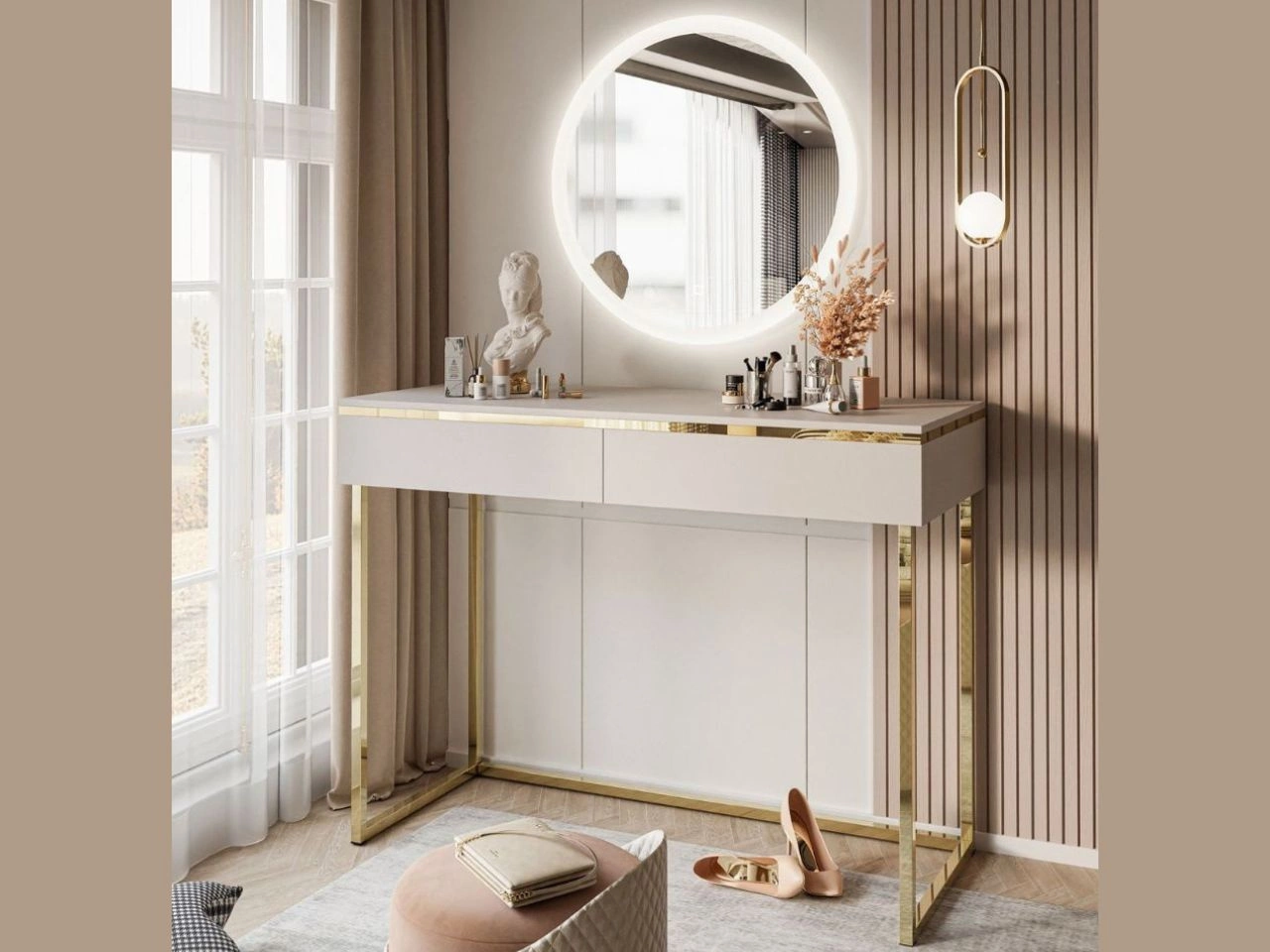 Schminktisch Glamour mit Schubladen, Spiegiel und LED-Beleuchtung auf goldenen Gestell Evare Kaschmir