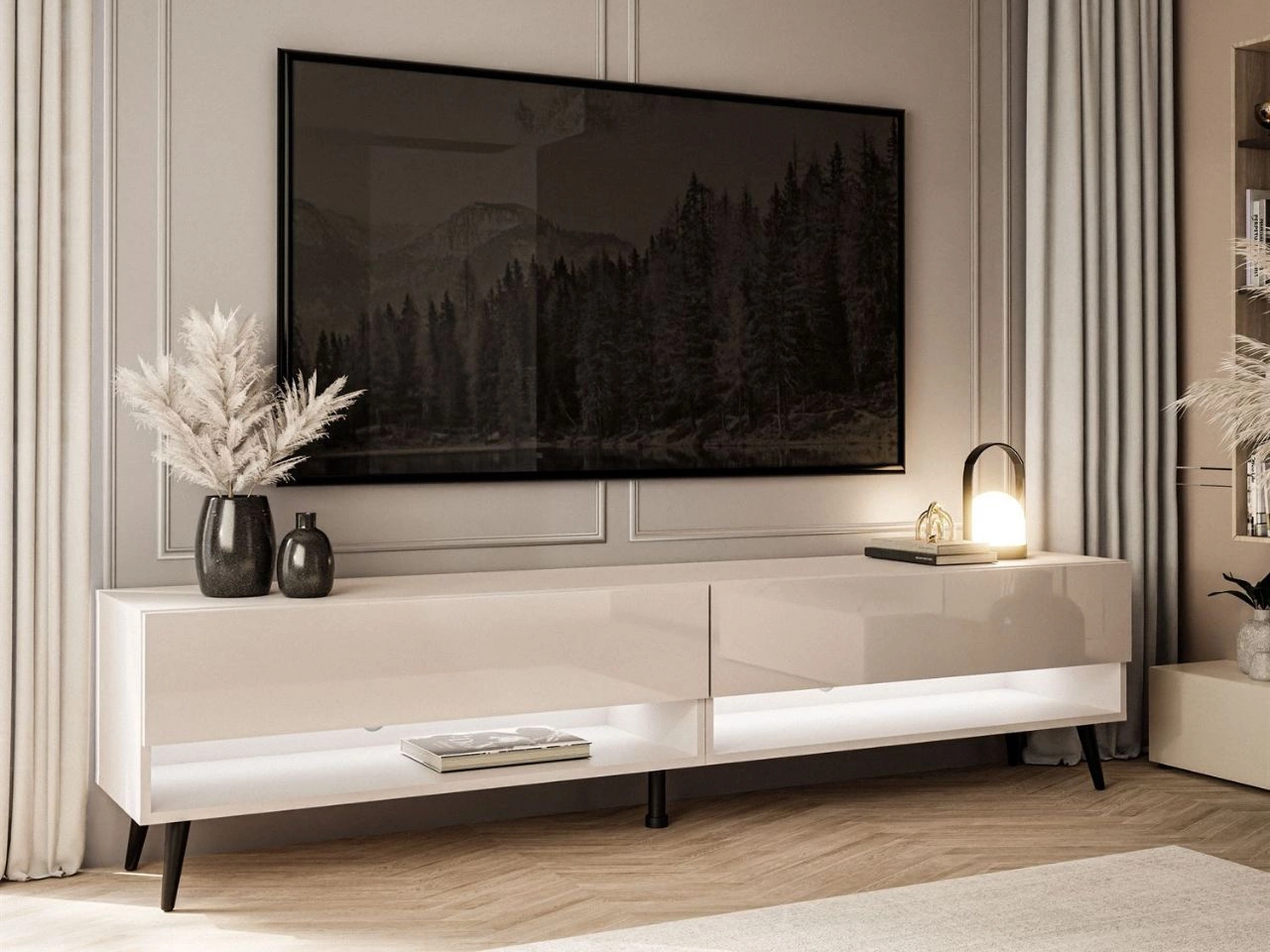 TV-Schrank für das Wohnzimmer 180 cm mit schwarzen Beinen und LED-Beleuchtung Aurelie Kaschmir Hochglanz