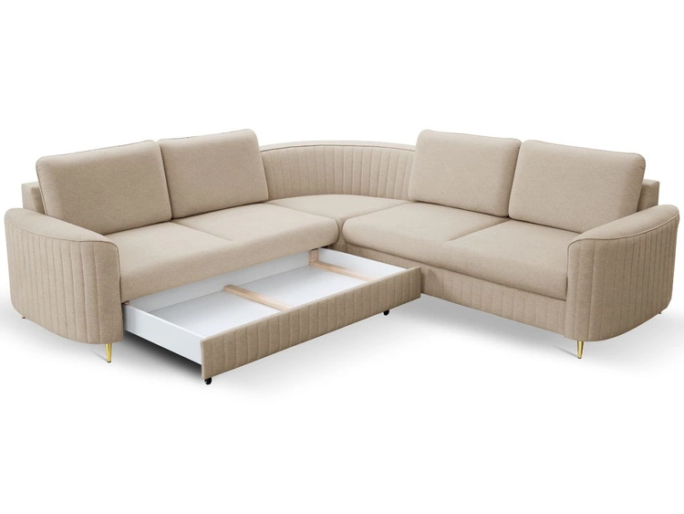 Ecksofa L-Form Rechts mit Schlaffunktion und Bettkasten Limon Dunkelbeige