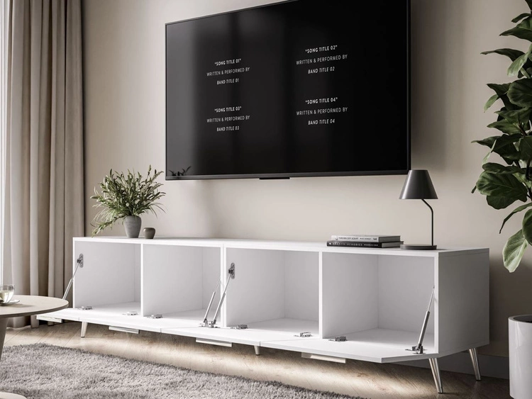 TV-Lowboard mit Türen und LED-Beleuchtung auf Silbernen Metallbeinen 200 cm Noaé Weiß Hochglanz