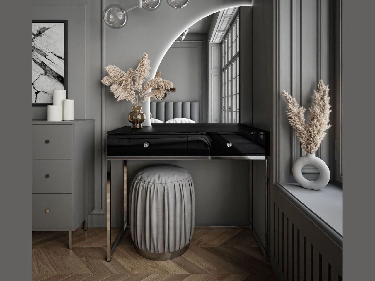 Kosmetiktisch  linksseitig mit Schubladen und LED-Beleuchtung auf silbernen Beinen Clarette Schwarz Hochglanz