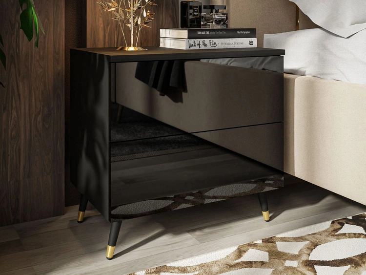 Nachttisch mit Schubladen auf Schwarz-Goldenen Metallbeinen Nuveo Schwarz Hochglanz 