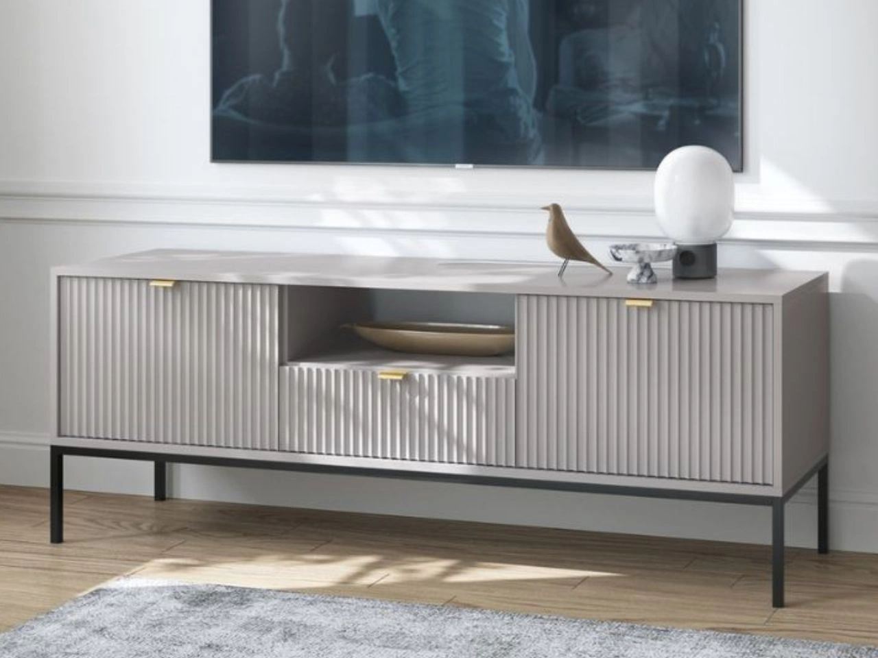 TV-Lowboard mit Schublade und Türen Amber Grau, Schwarz Frame