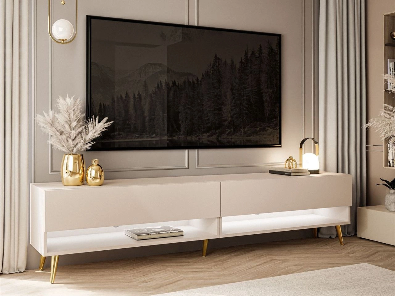 TV-Schrank für das Wohnzimmer 180 cm mit goldenen Metallbeinen und LED-Beleuchtung Aurelie Kaschmir matt