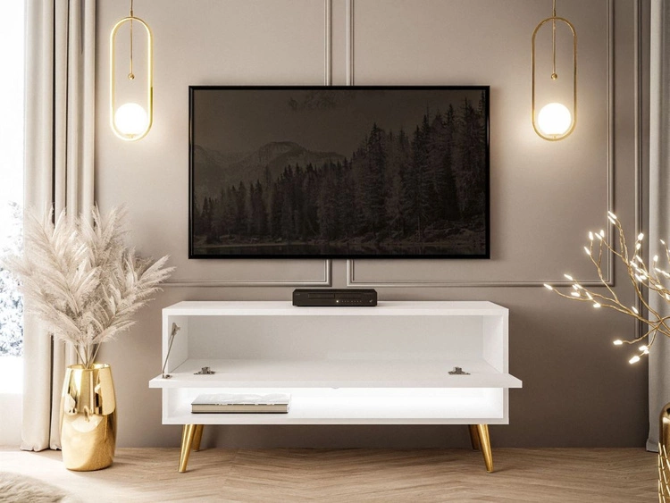 TV-Schrank 90 cm mit LED-Beleuchtung und goldenen Beinen Aurelie Weiß Hochglanz