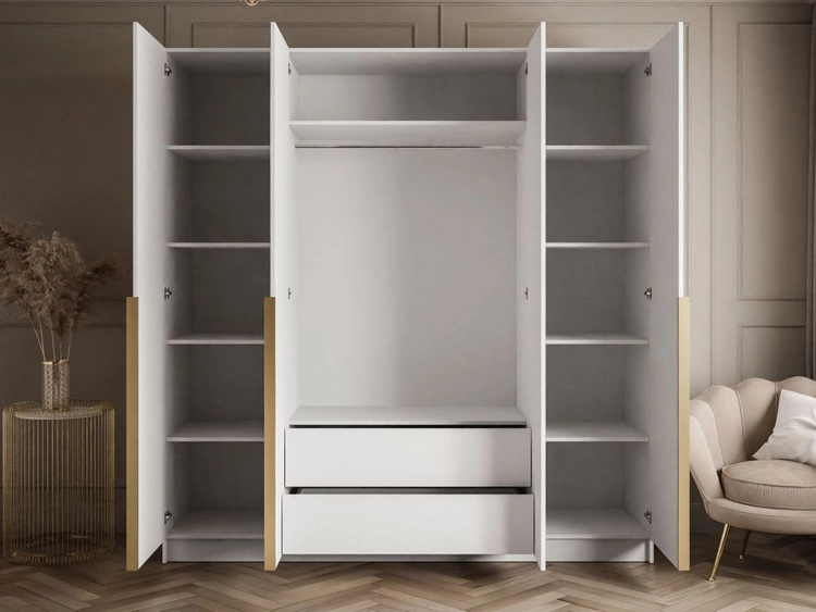 Viertüriger Kleiderschrank mit Drehtüren, goldfarbenen Griffen, Schubladen und Spiegeln Ameli Weiß Hochglanz