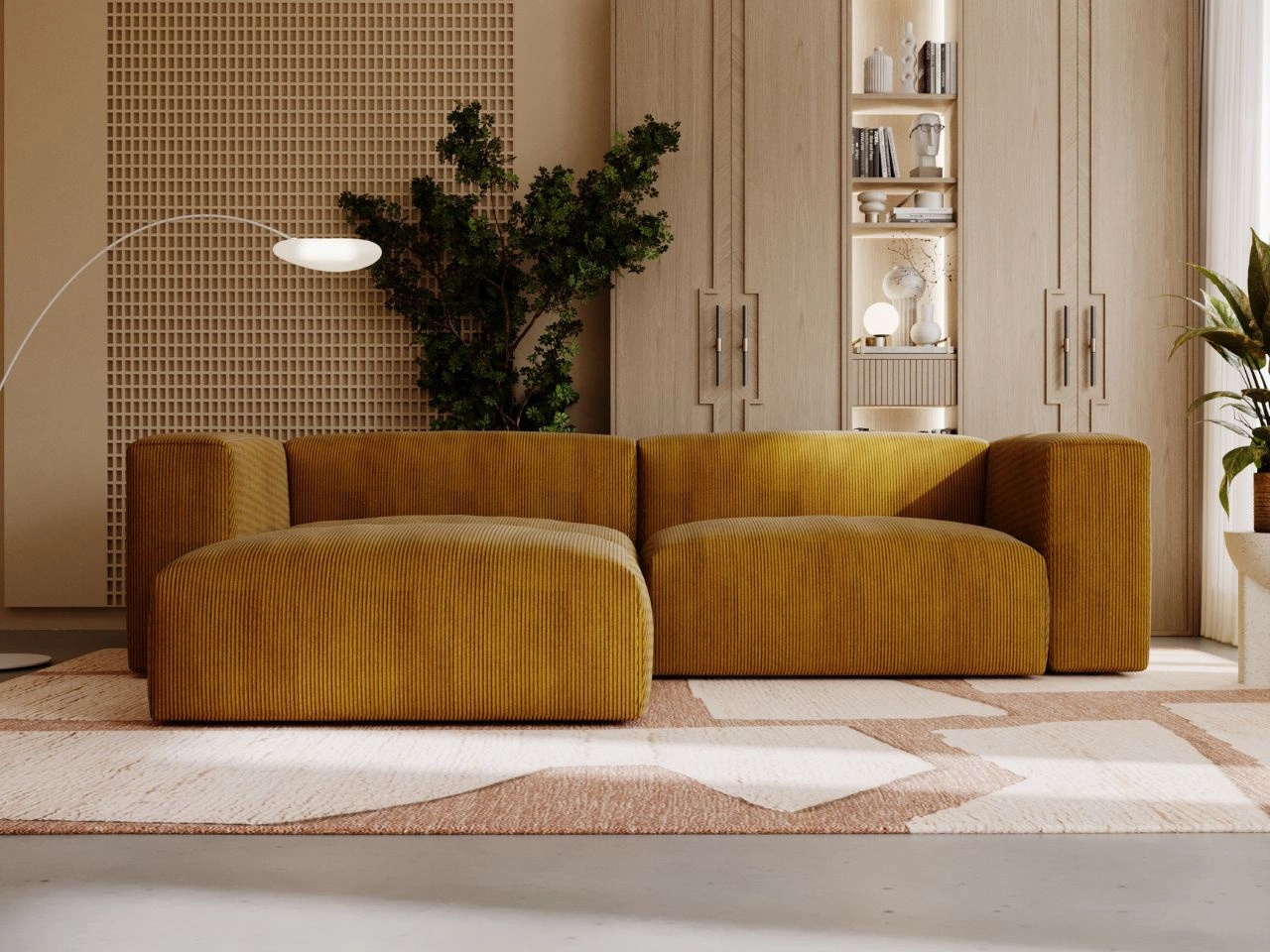 Ecksofa L-Form Links Moderne Cord Ecksofa Landi Honigfarben