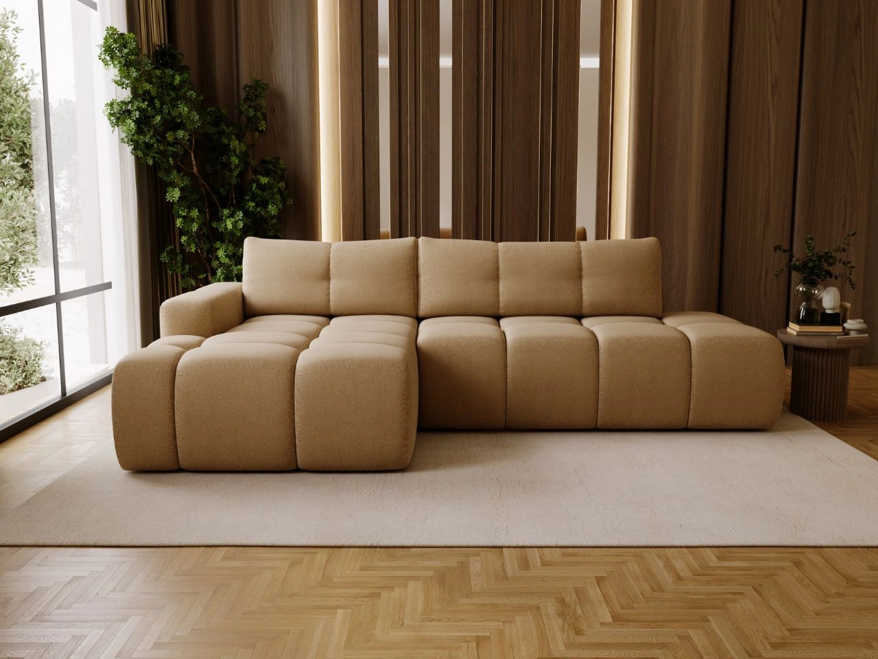 Ecksofa L-Form Links mit Schlaffunktion und Bettkasten Montero Hellbraun