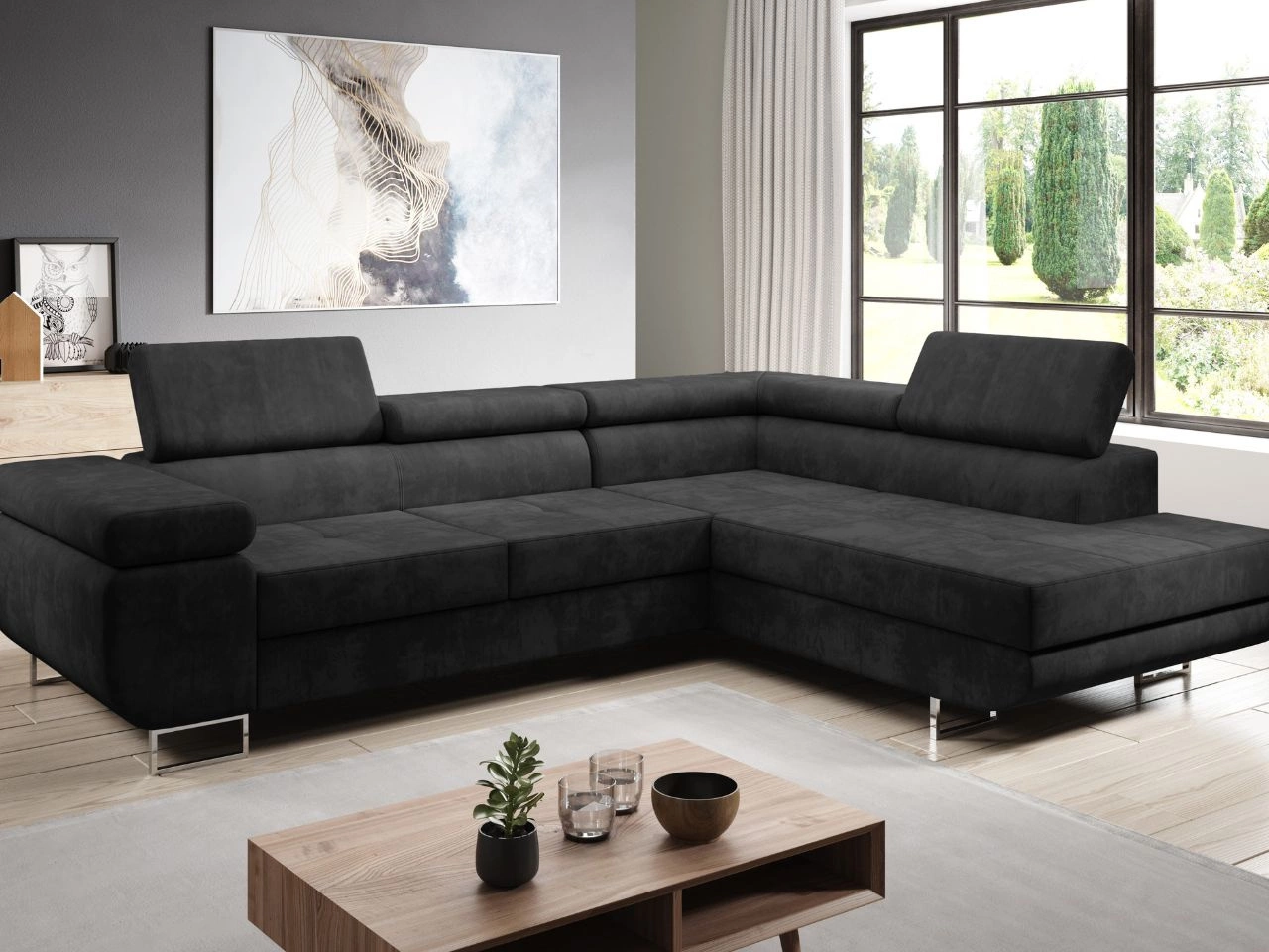 Ecksofa L-Form Rechts mit Schlaffunktion und Bettkasten Solam L Schwarz