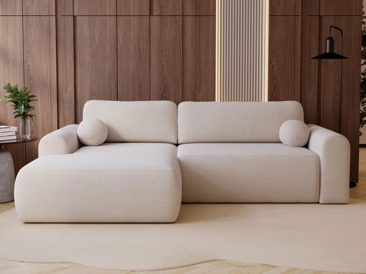 Ecksofa L-Form mit Schlaffunktion und Bettkasten Savana Links Bouclé-Stoff Creme