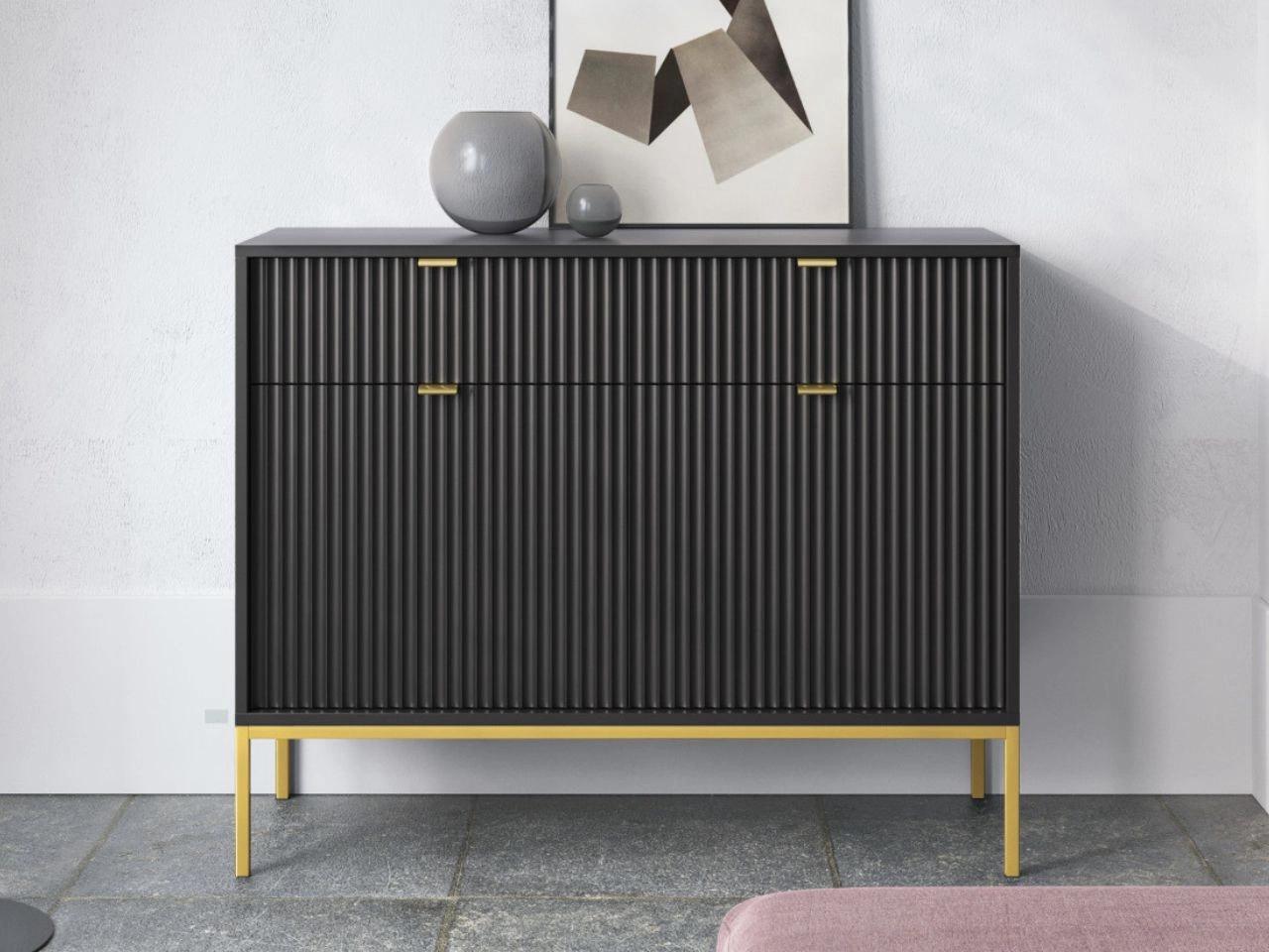 Kommode mit Türen und Schubladen Amber Schwarz, Gold Frame