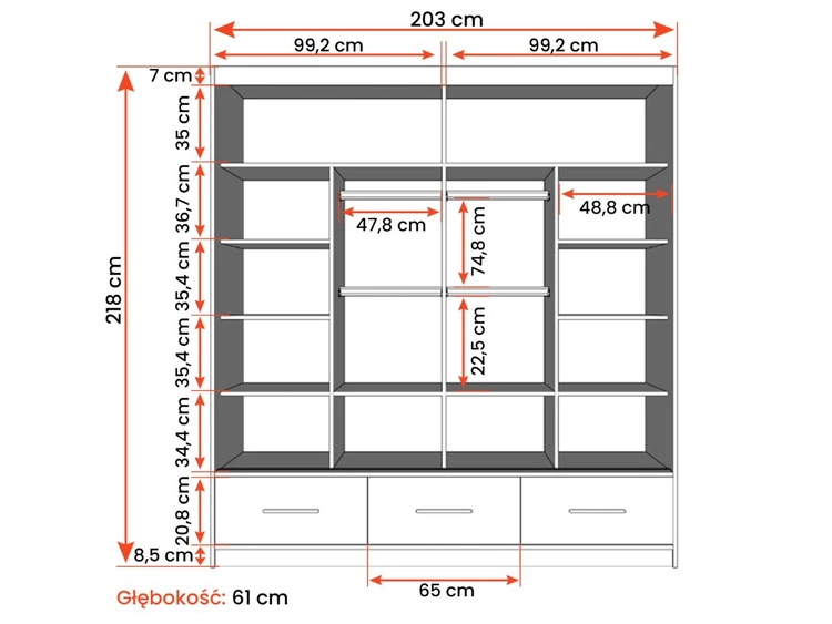 Kleiderschrank mit Spiegel 203 cm Fiore Grau