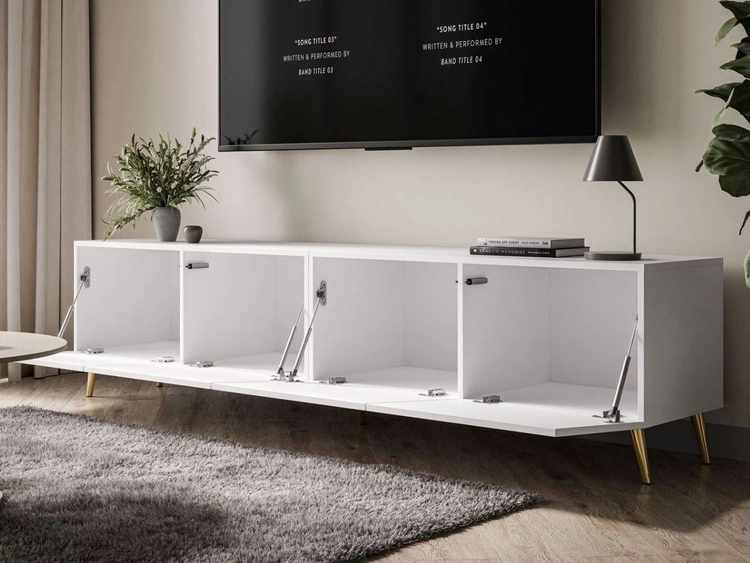 TV-Lowboard mit Türen auf Goldenen Metallbeinen 200 cm Nodoo Weiß Hochglanz