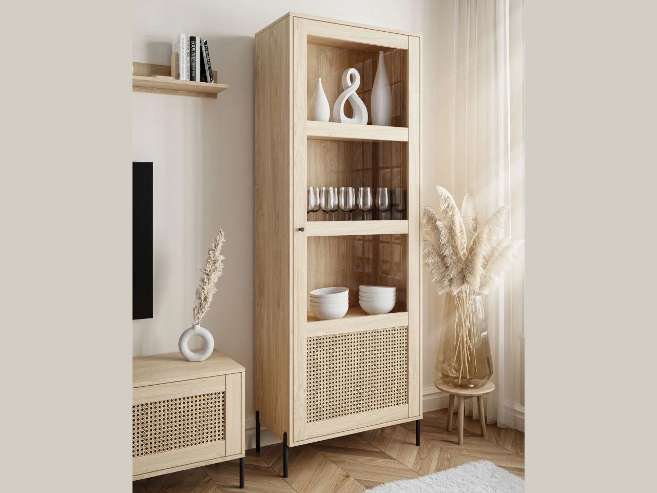 Standvitrine im Boho-Stil schmale Bellance Eiche Puccini