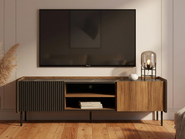 TV-Lowboard mit Türen 150 cm Pascale Nussbaum Warmia, Schwarz