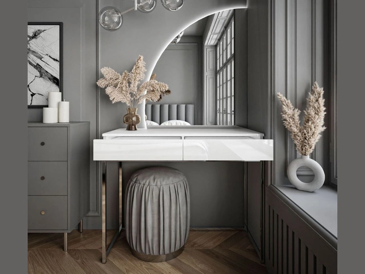 Kosmetiktisch linksseitig mit Schubladen und LED-Beleuchtung auf silbernen Beinen Clarette Weiß Hochglanz