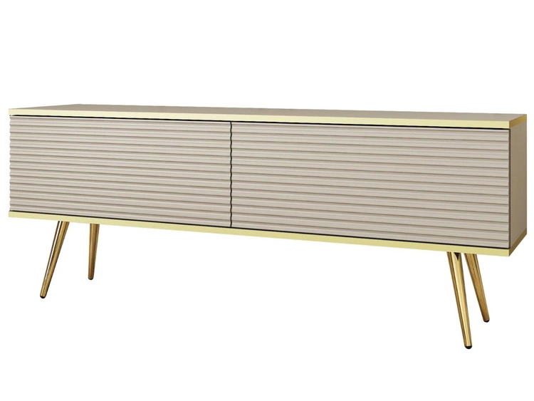 TV-Lowboard mit Türen 135 cm Diolo Beige mit geriffelter Vorderseit auf goldenen Beinen