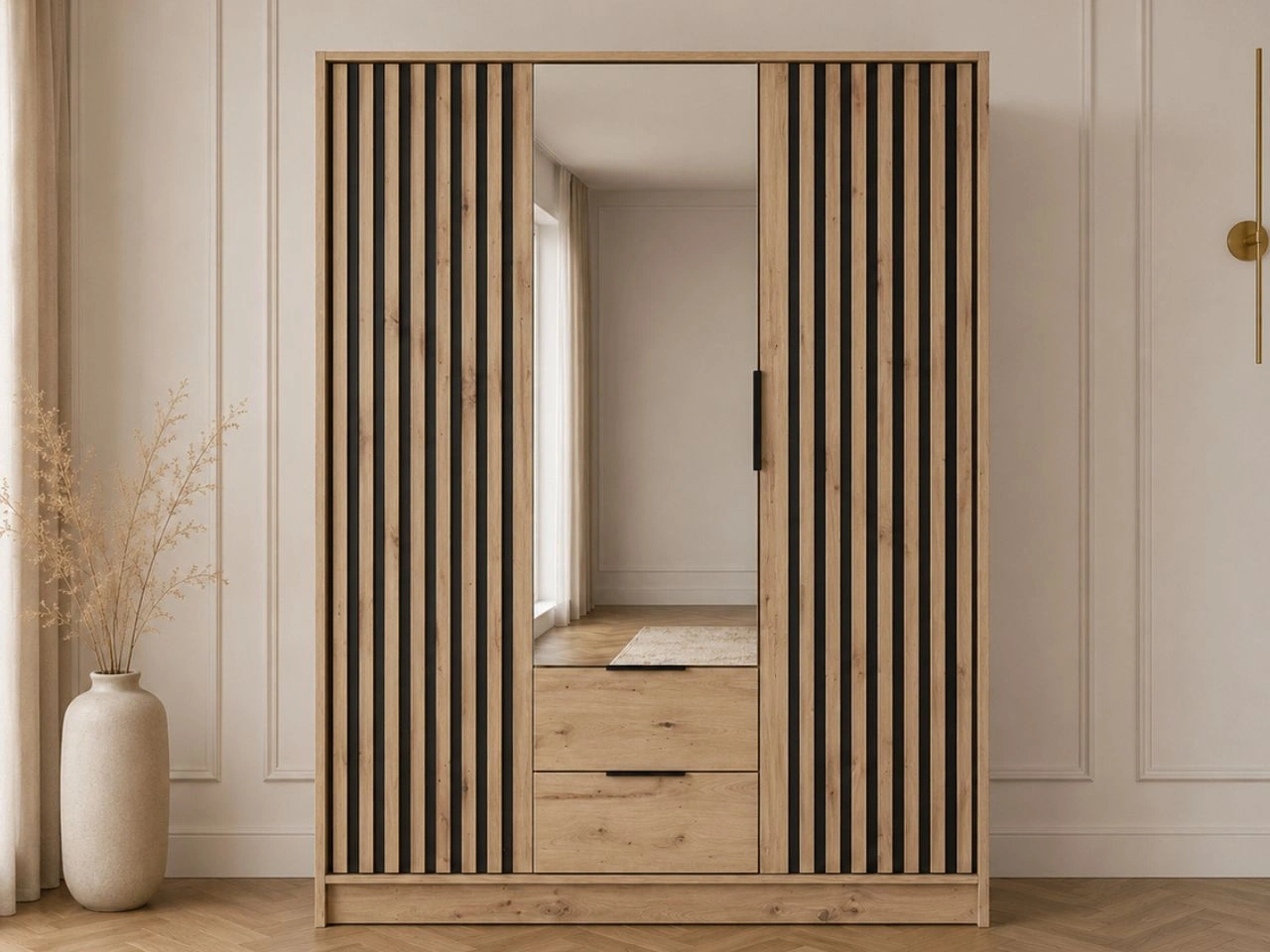 Kleiderschrank mit Spiegel 155 cm Macron Artisan Eiche, Schwarz