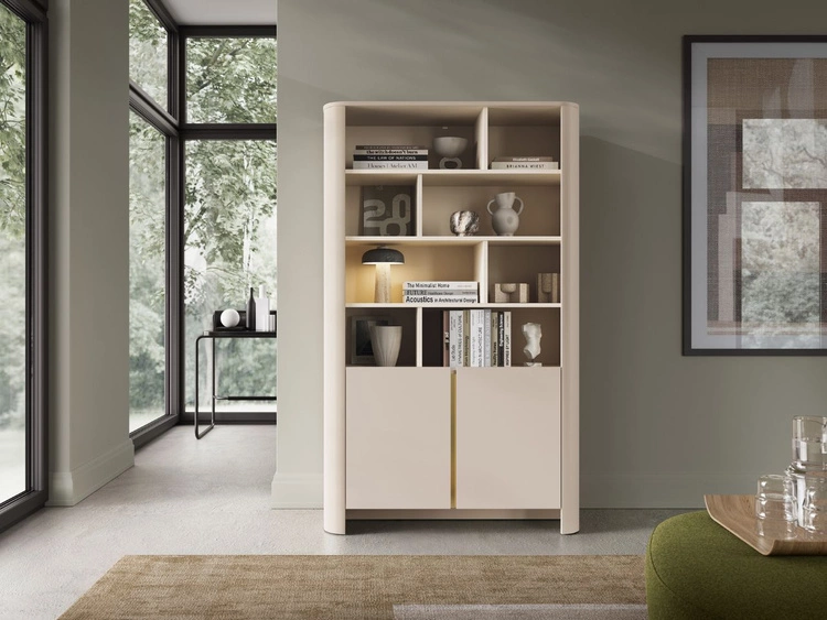 Bücherregal mit Türen und einer goldenen Zierleiste Brillo Kaschmir