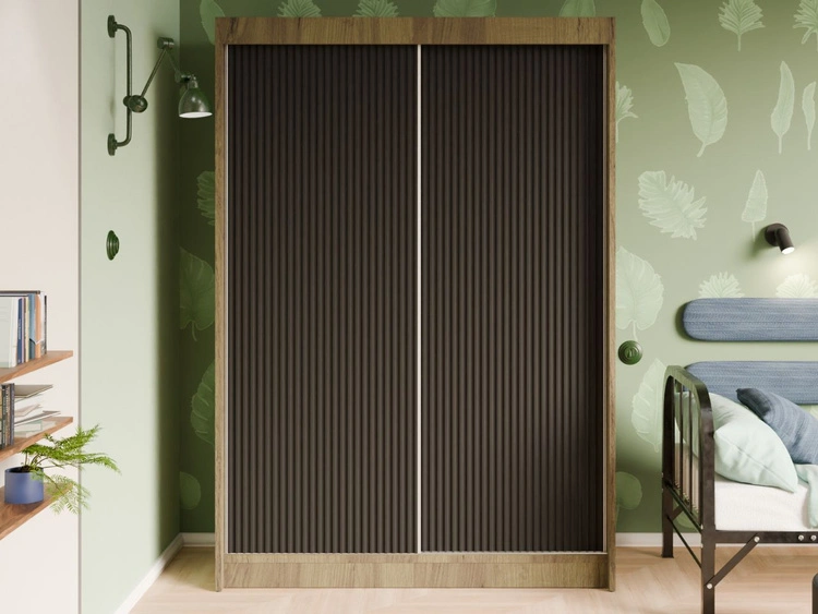 Schiebetürenschrank mit geriffelter Front 150 cm Fano Handwerk Goldene Eiche, Schwarz