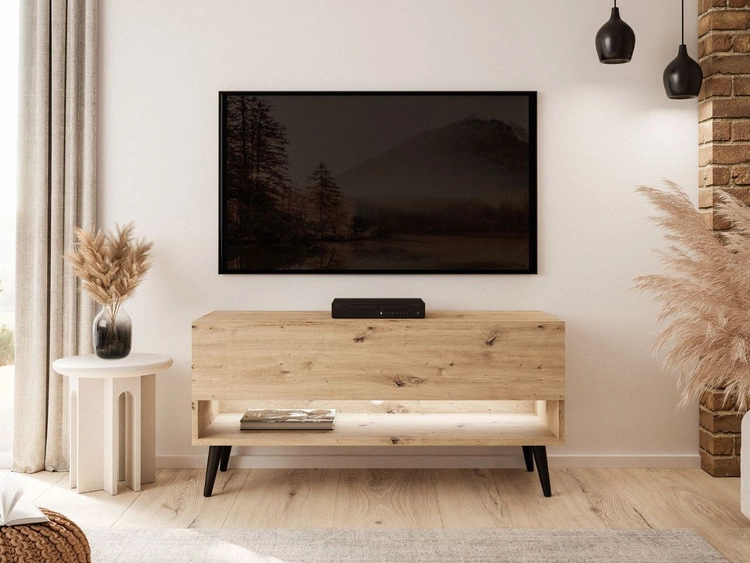 TV-Schrank 90 cm mit LED-Beleuchtung und schwarzen Beinen Aurelie Artisan Eiche