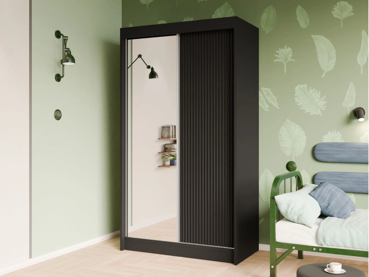 Schiebetürenschrank mit geriffelter Front und Spiegel 120 cm Fano Schwarz