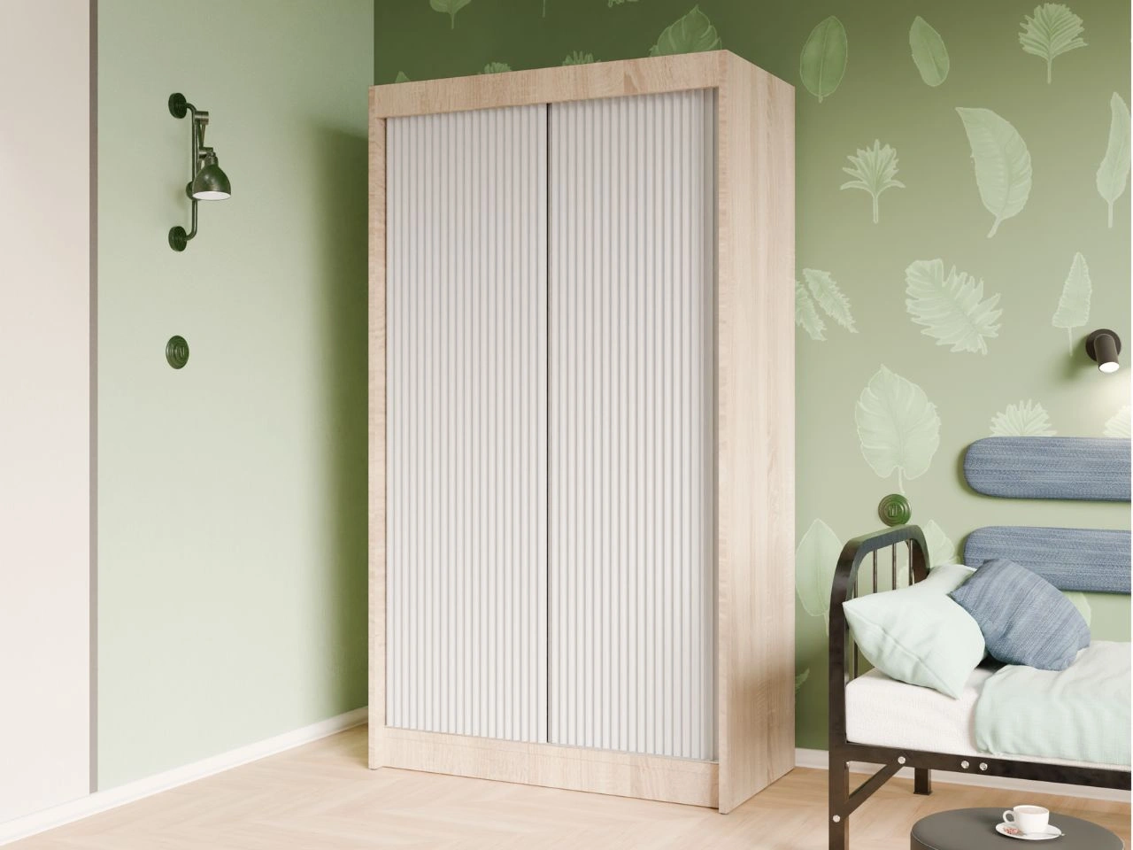 Schiebetürenschrank mit geriffelter Front 120 cm Fano Eiche Sonoma, Weiß